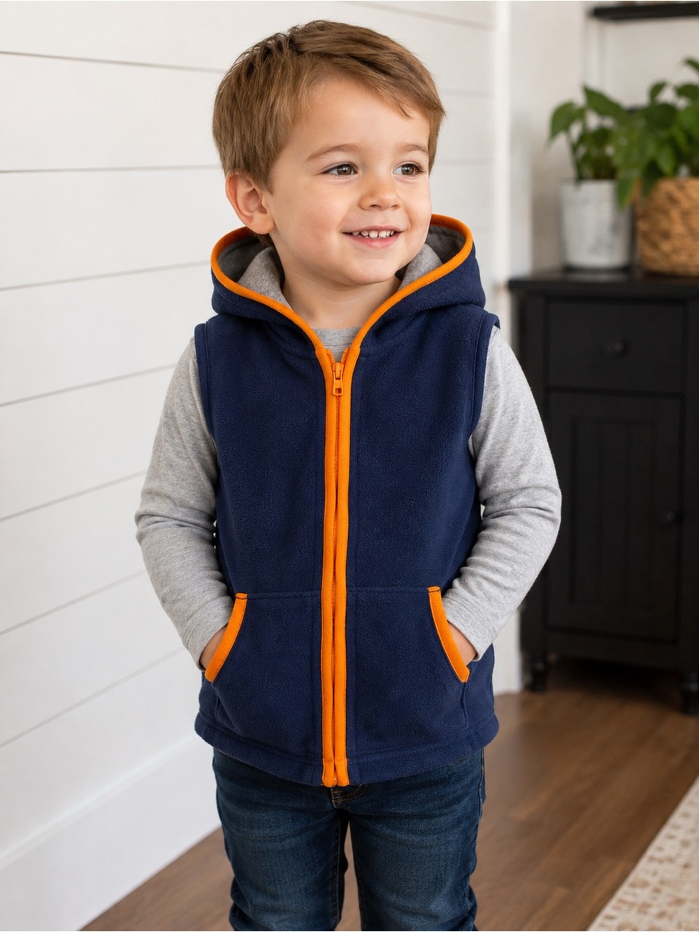 Kids Headquarters Boys 3T Hooded Fleece Vest Navy Orange